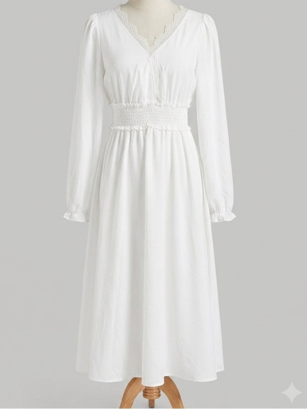 SHEIN White V-Neck Long Sleeve Smocked Waist Midi Dress Size M US 6